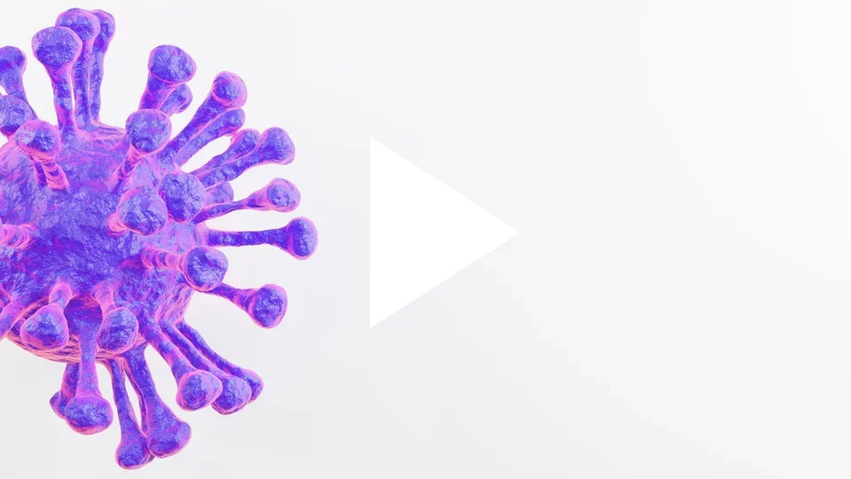 Purple cancer cell educational video cover photo with play video button