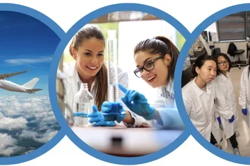 Airplane in the sky and trainees working in research labs