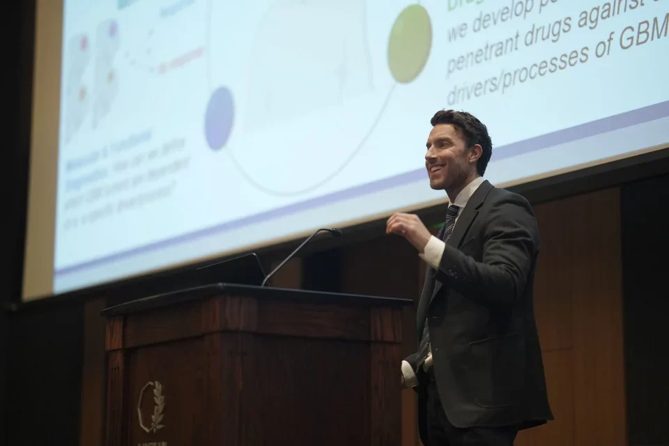 Doctor presenting research during retreat 