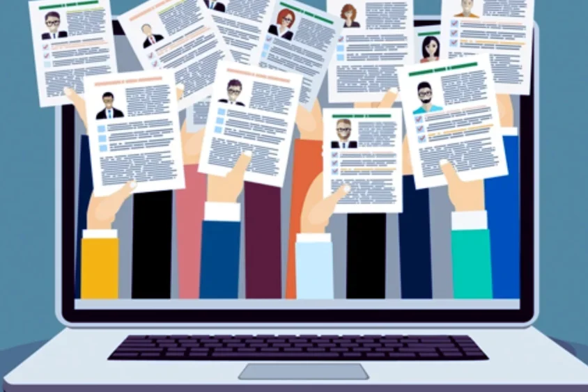 Applicants holding resumes out of animated computers