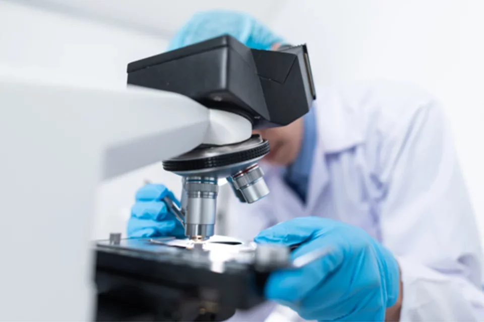 A researcher at the bench, looking into a microscope.