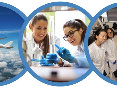 Airplane in the sky and trainees working in research labs