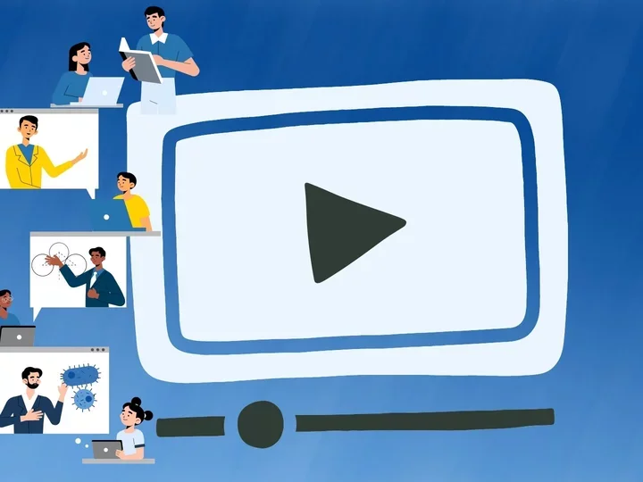 Animated trainee educational video cover with paly button and mentor and mentee graphics