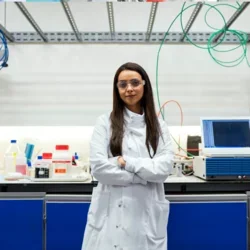 A female trainee in a lab with arms folded. 