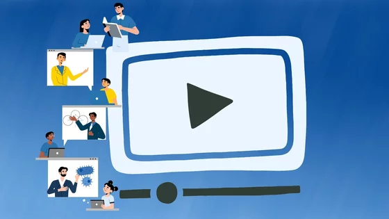 Animated trainee educational video cover with paly button and mentor and mentee graphics