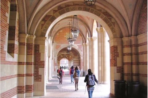 students walking through arches on campus