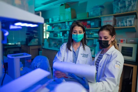 Mentor and trainee in lab