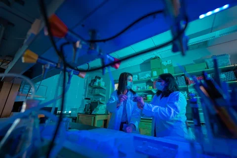Mentor and mentee engaging in conversation as they compare results in the lab