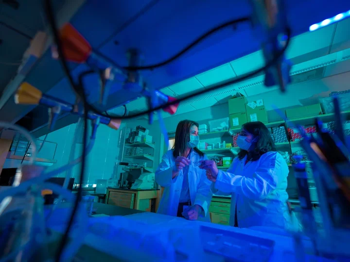 Mentor and mentee engaging in conversation as they compare results in the lab 
